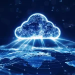 data transfer cloud computing technology concept. There is a large prominent cloud icon in the center with internal connections. and small icon on abstract world map polygon with dark blue background.