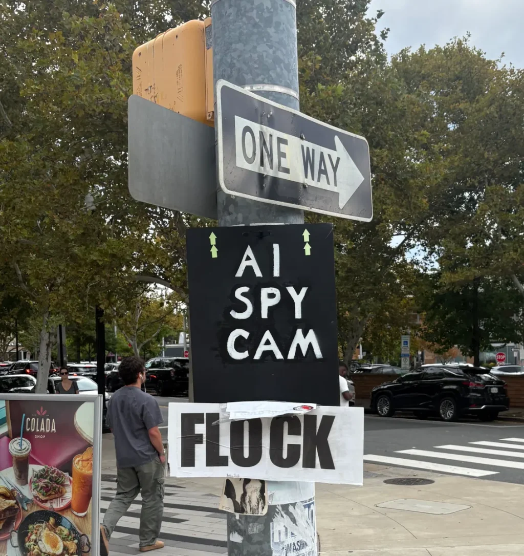 Photo of Flock protest signs in Arlington, Virginia.