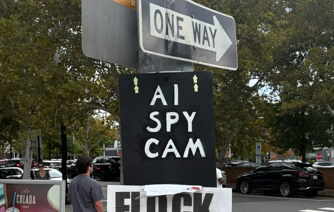 Photo of Flock protest signs in Arlington, Virginia.