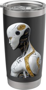White Yellow Humanoid Robot Profile Futuristic AI Figure Stainless Steel Insulated Tumbler