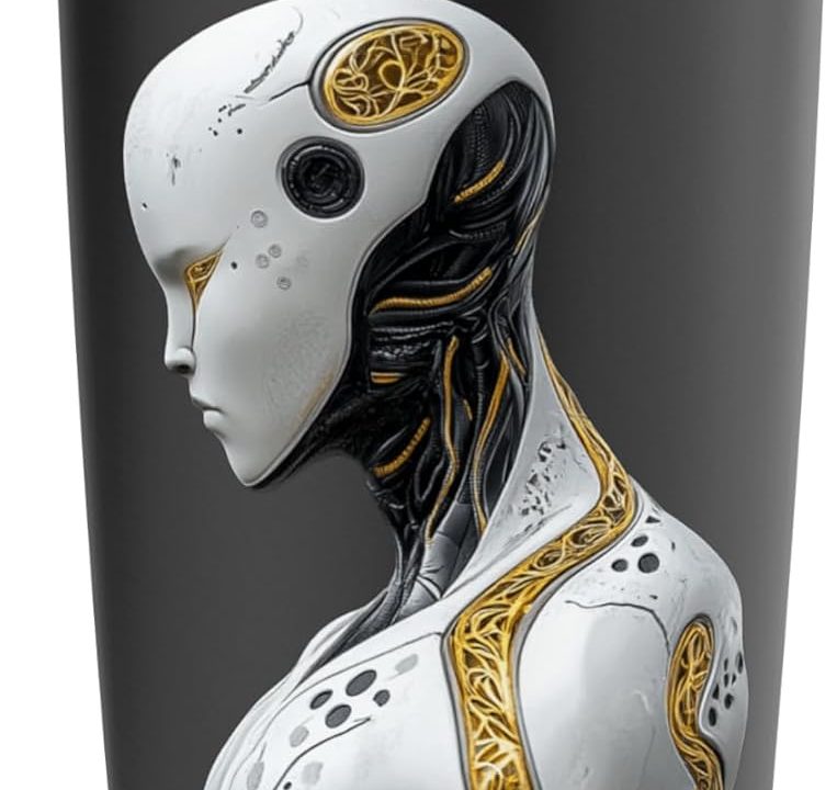 White Yellow Humanoid Robot Profile Futuristic AI Figure Stainless Steel Insulated Tumbler