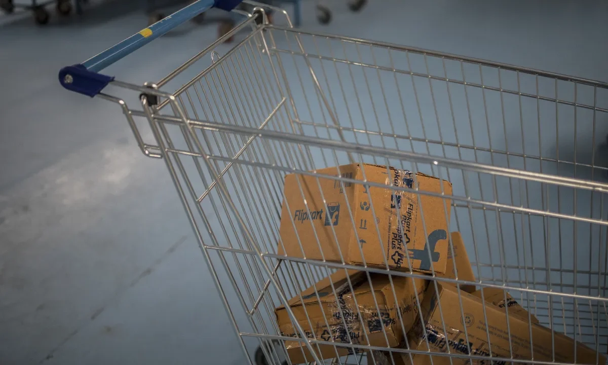 Packages in a cart at a Flipkart.
