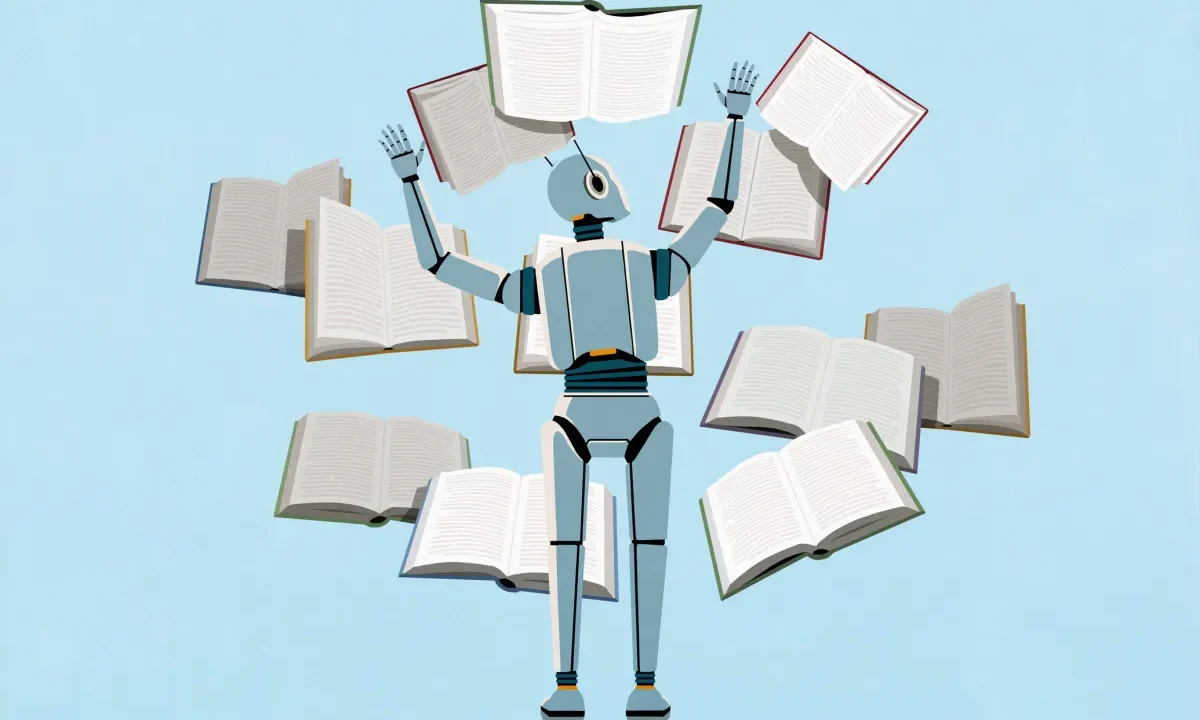 render of LLM AI bot reading multiple books at once