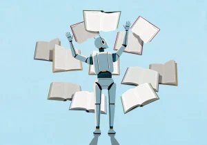 render of LLM AI bot reading multiple books at once
