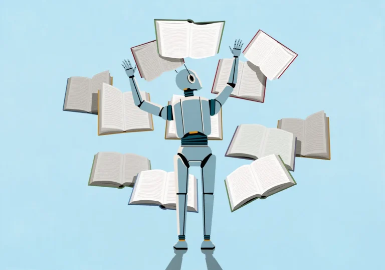 render of LLM AI bot reading multiple books at once