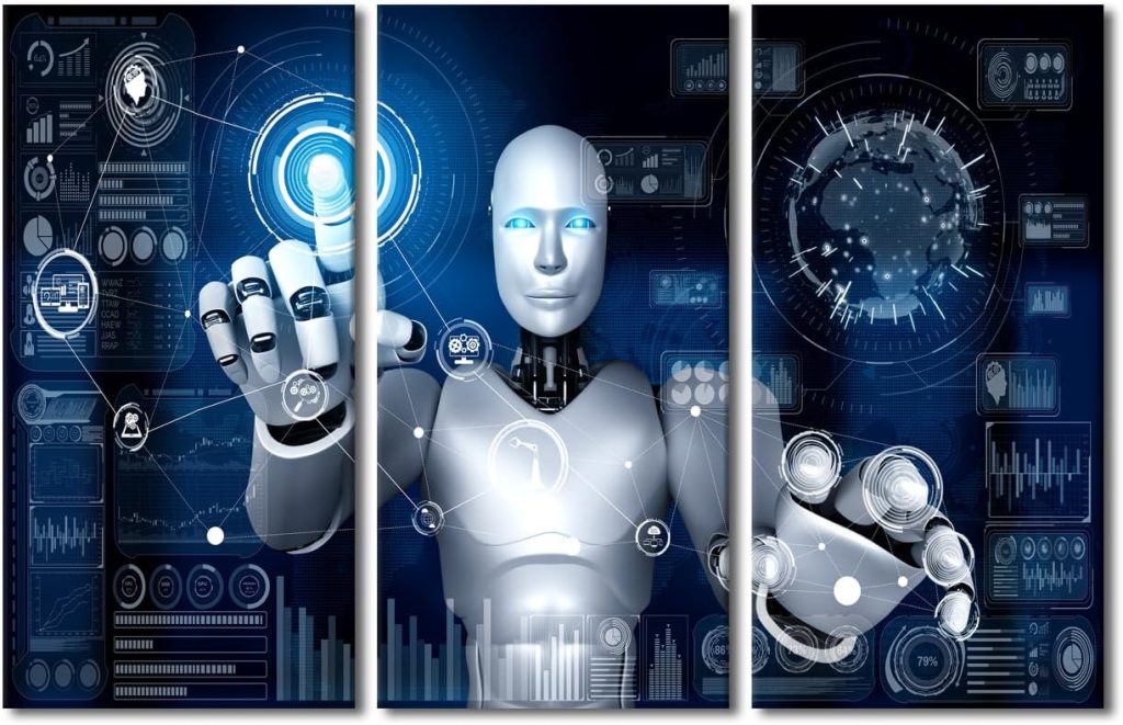 TUMOVO Large Wall Art 3 Pcs Ai Humanoid Robot Touching Virtual Hologram Screen Showing Concept Big Data Analytic Picture Canvas Art Wall Decor for Living Room Decoration Ready to Hang 60x40 in