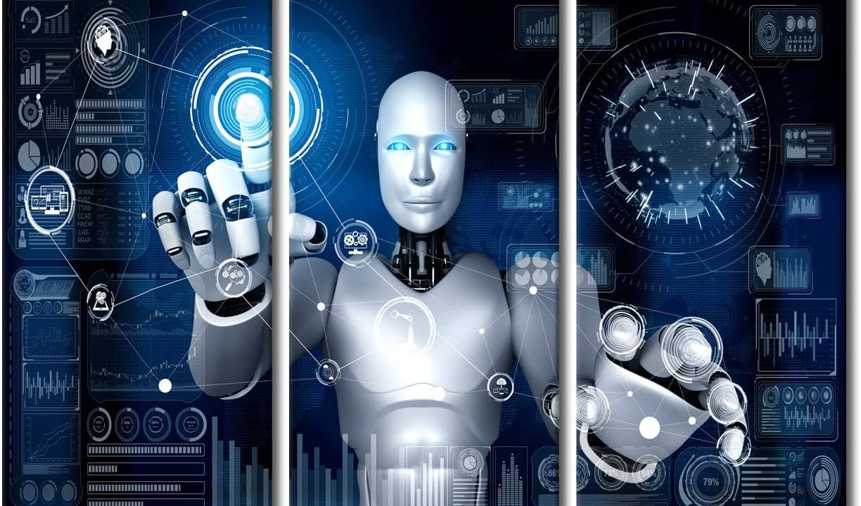 TUMOVO Large Wall Art 3 Pcs Ai Humanoid Robot Touching Virtual Hologram Screen Showing Concept Big Data Analytic Picture Canvas Art Wall Decor for Living Room Decoration Ready to Hang 60x40 in