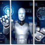 TUMOVO Large Wall Art 3 Pcs Ai Humanoid Robot Touching Virtual Hologram Screen Showing Concept Big Data Analytic Picture Canvas Art Wall Decor for Living Room Decoration Ready to Hang 60x40 in