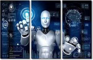 TUMOVO Large Wall Art 3 Pcs Ai Humanoid Robot Touching Virtual Hologram Screen Showing Concept Big Data Analytic Picture Canvas Art Wall Decor for Living Room Decoration Ready to Hang 60x40 in