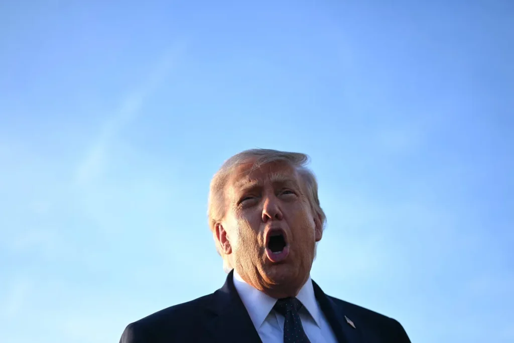 US President Donald Trump addresses the media on the tarmac after arriving at Paris Orly Airport.