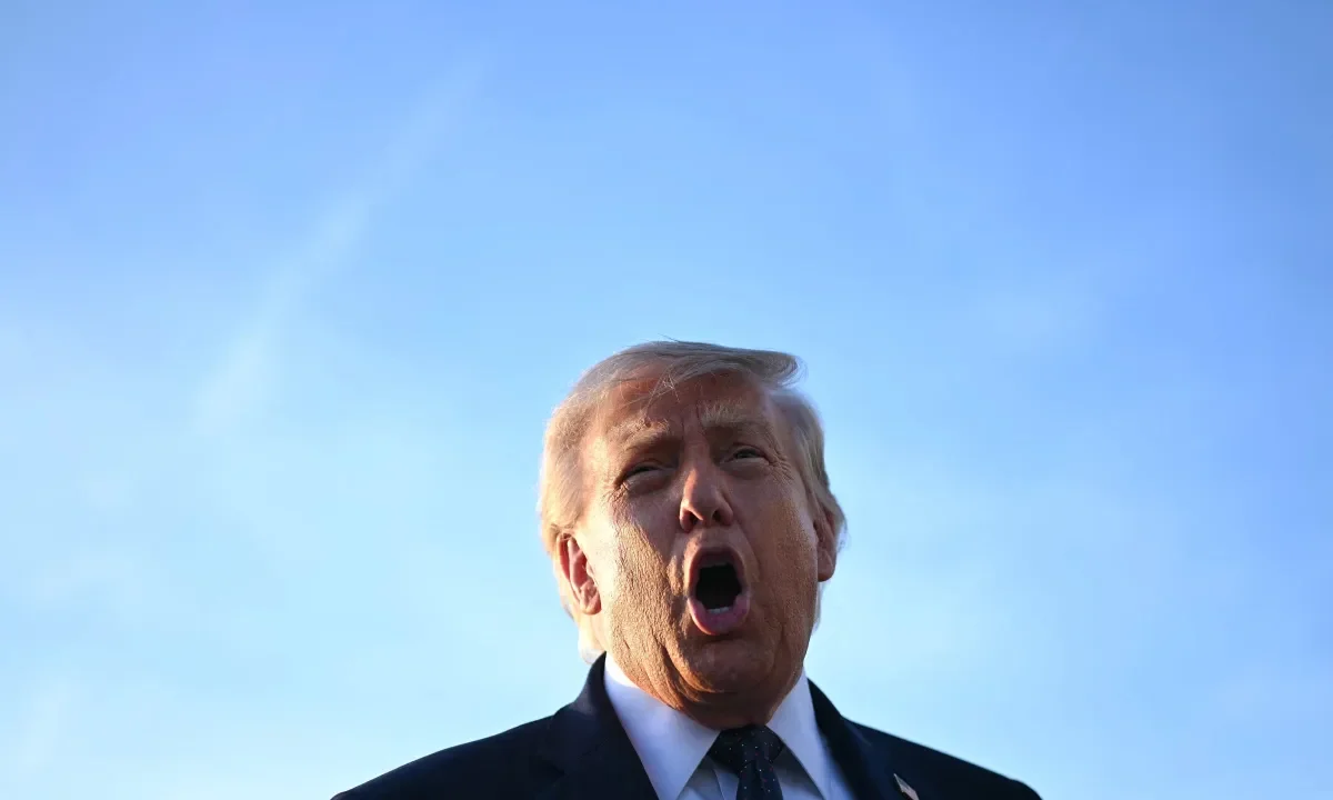US President Donald Trump addresses the media on the tarmac after arriving at Paris Orly Airport.