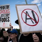 A sign opposed to AI is held during a protest against AI data centers in Vancouver, British Columbia, Canada, on Saturday, June 27, 2026. Canadians aren't universally sold on building sovereign compute, with early signs of protest against AI server farms in British Columbia and Manitoba. Photographer: Ethan Cairns/Bloomberg via Getty Images
