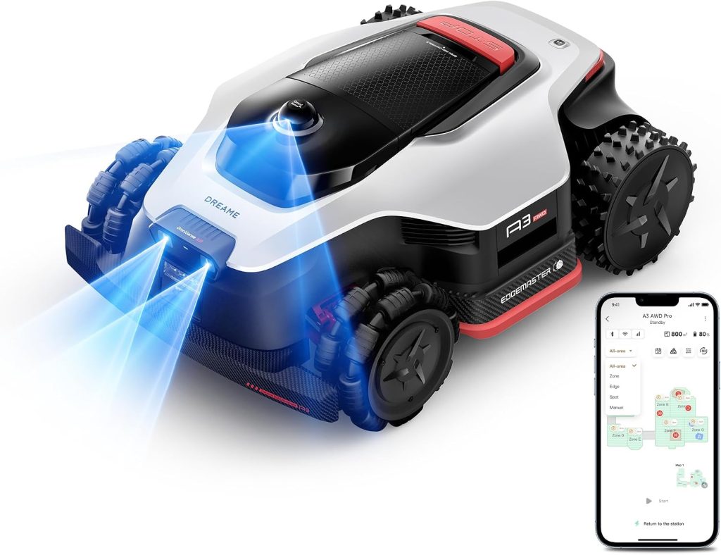 [All-Terrain Wire-Free] DREAME A3 AWD 1000 Robot Lawn Mower, 360° 3D LiDAR & AI Dual Vision Smart Robotic Mower for 0.25 Acre, 80% Slopes & 45min Fast Charge for Homeowners with Large/Steep Lawns