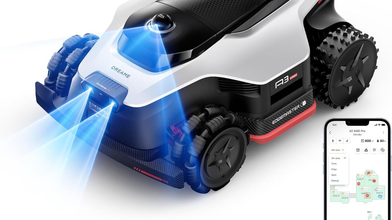 [All-Terrain Wire-Free] DREAME A3 AWD 1000 Robot Lawn Mower, 360° 3D LiDAR & AI Dual Vision Smart Robotic Mower for 0.25 Acre, 80% Slopes & 45min Fast Charge for Homeowners with Large/Steep Lawns