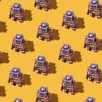 Pattern of retro tin toy robots with clocks and displays painted on yellow background.