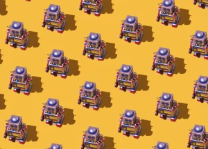 Pattern of retro tin toy robots with clocks and displays painted on yellow background.